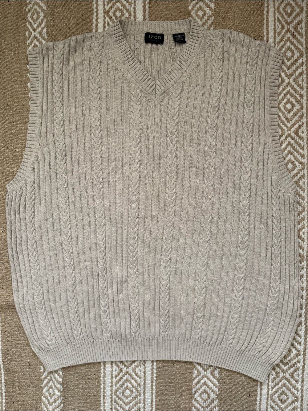 Vintage 90s IZOD V-Neck Cotton Cable Knit Sweater Vest Natural Beige XL